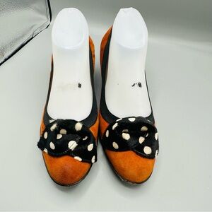 ANYL LU Orange Suede Wedge Pumps with Polka Dot Rosette - 9